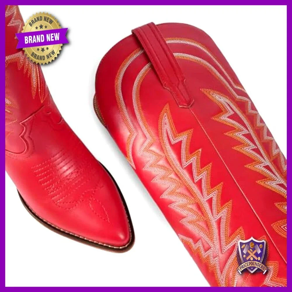 Knee High Cowboy Boots Embroidered Pointed Toe Chunky Heel Pull On Retro Western